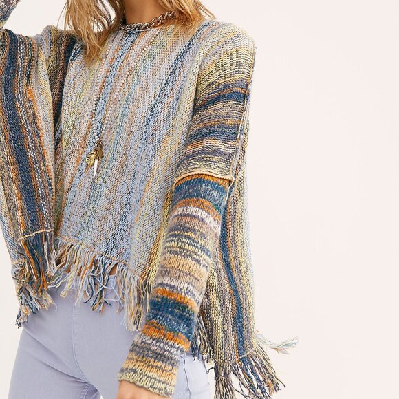 Free People Blue Motif Fringe Sweater BOHO - Picture 2 of 5